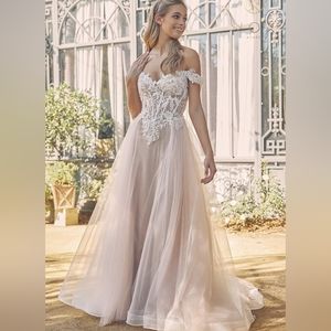 Wedding dress,off white/nude off the shoulder long lace applique gown